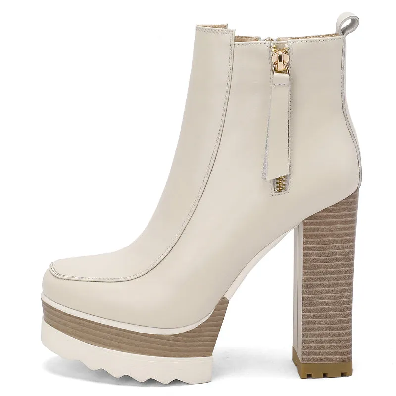 Autumn And Winter High Heels Thick Heel New Women's Boots Thick-Soled Waterproof Platform Short Boots Beige Bare Boots 13cm