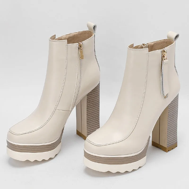 Autumn And Winter High Heels Thick Heel New Women's Boots Thick-Soled Waterproof Platform Short Boots Beige Bare Boots 13cm