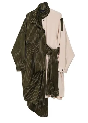 Autumn Asymmetrical Shirt Dress Long Sleeve Striped Sashes Ladies Stylish Robe