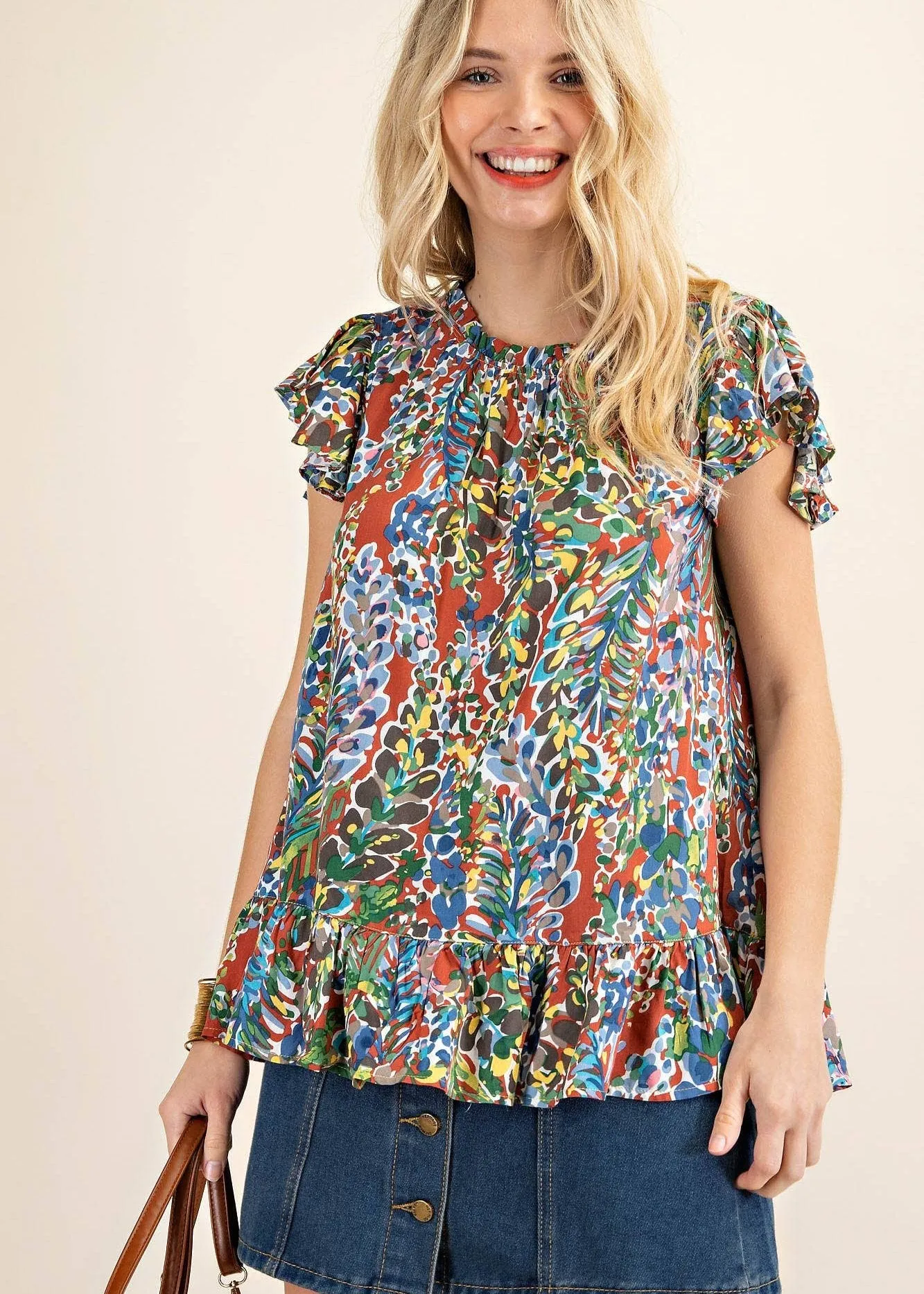 Autumn Print Ruffle Accent Top