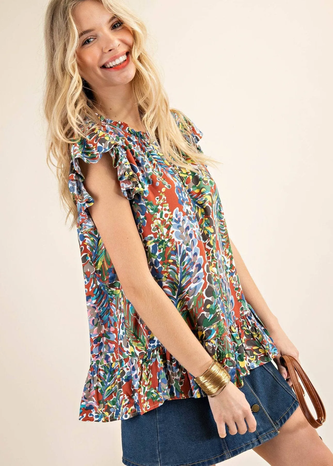 Autumn Print Ruffle Accent Top