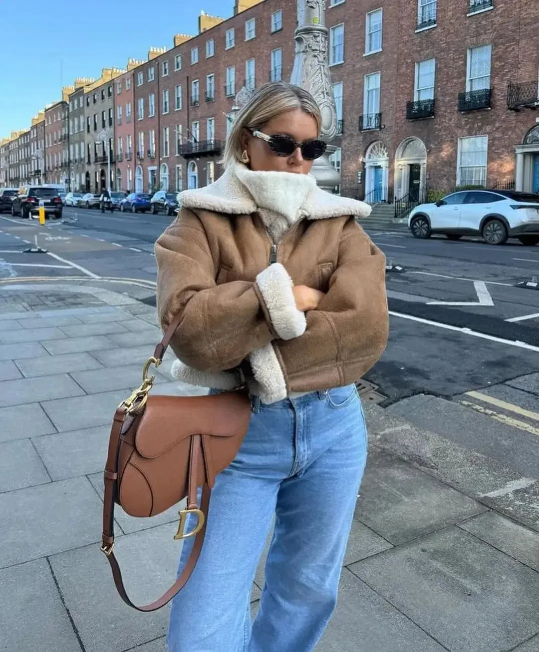 Autumn Vintage Faux Leather Cropped Thick Warm Lapel Fleece Long Sleeve Stylish Coat