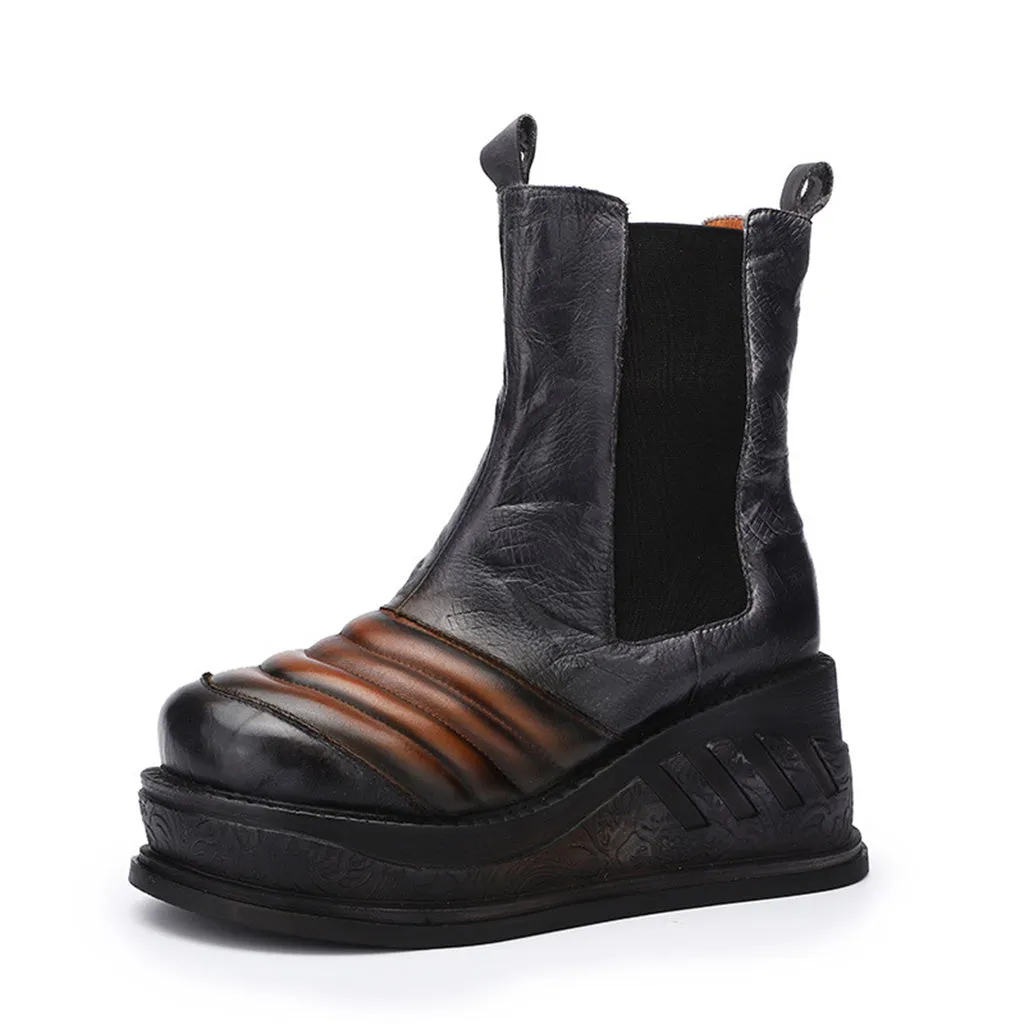 Autumn Winter Thick Wedges Leather Retro Elastic Comfortable Women's Boots