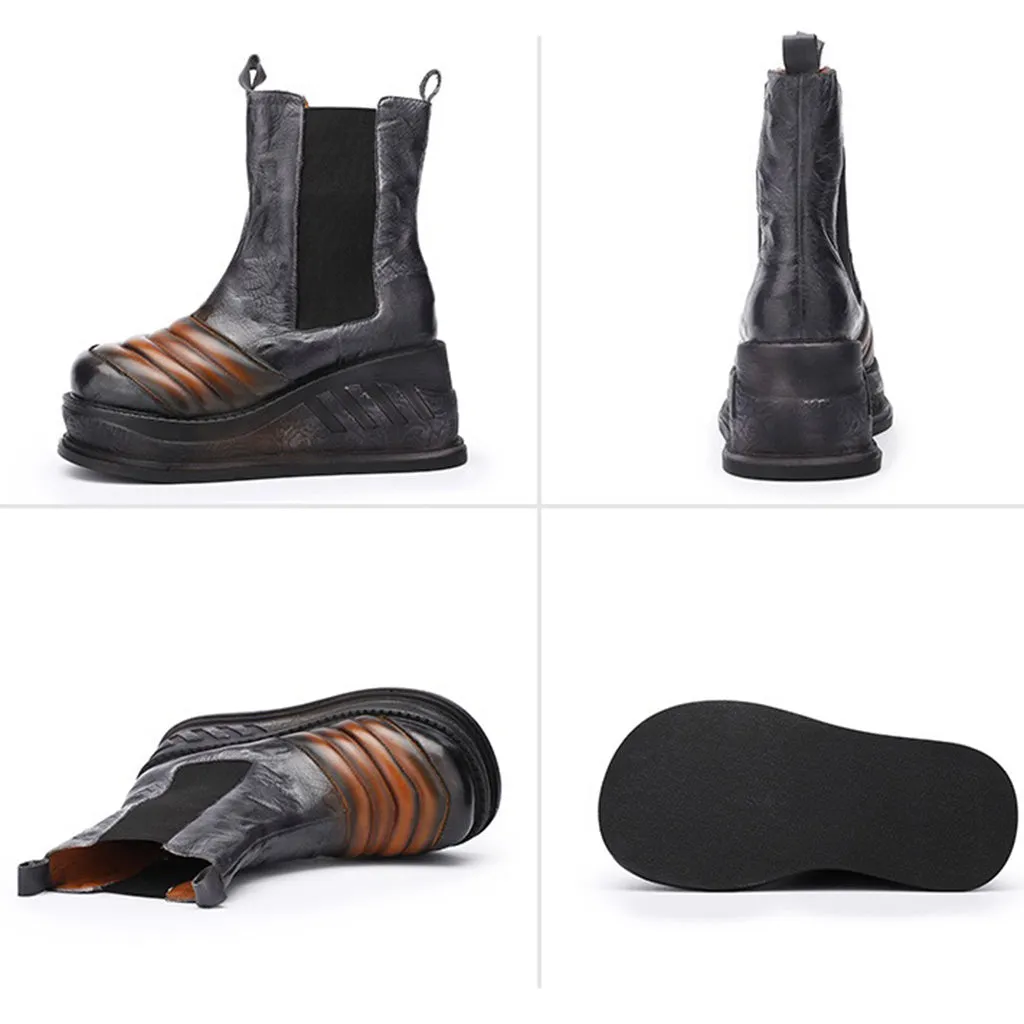 Autumn Winter Thick Wedges Leather Retro Elastic Comfortable Women's Boots