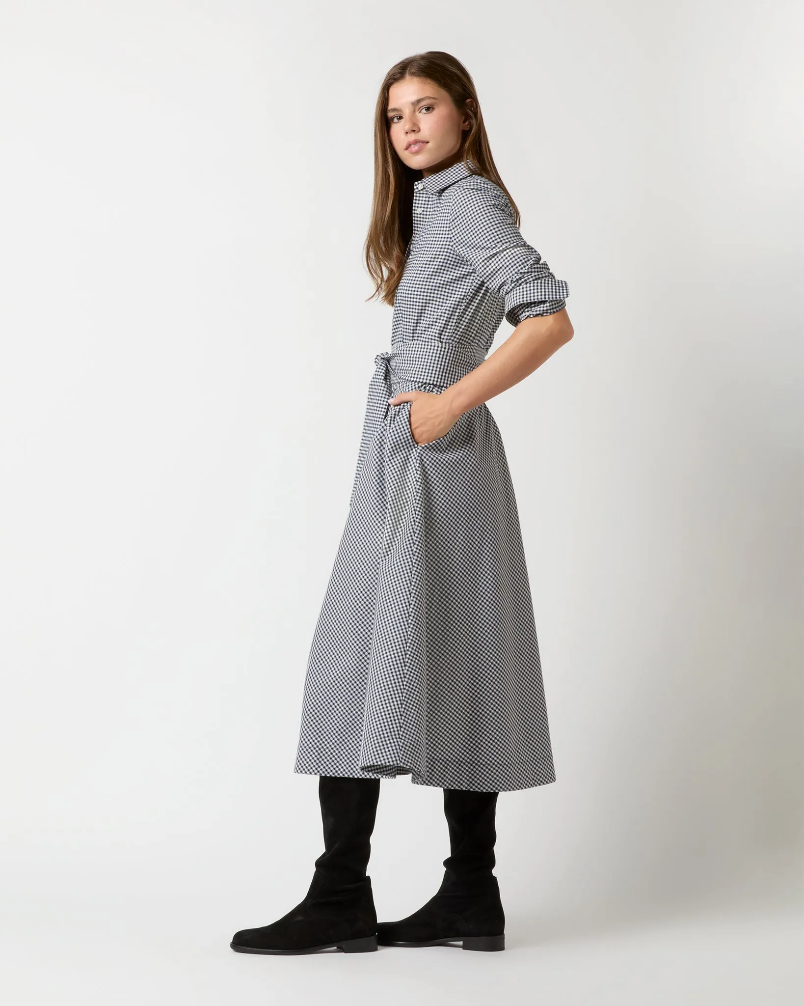 Avery Shirtwaist Dress in Ink/Bone Check Stretch Cotton