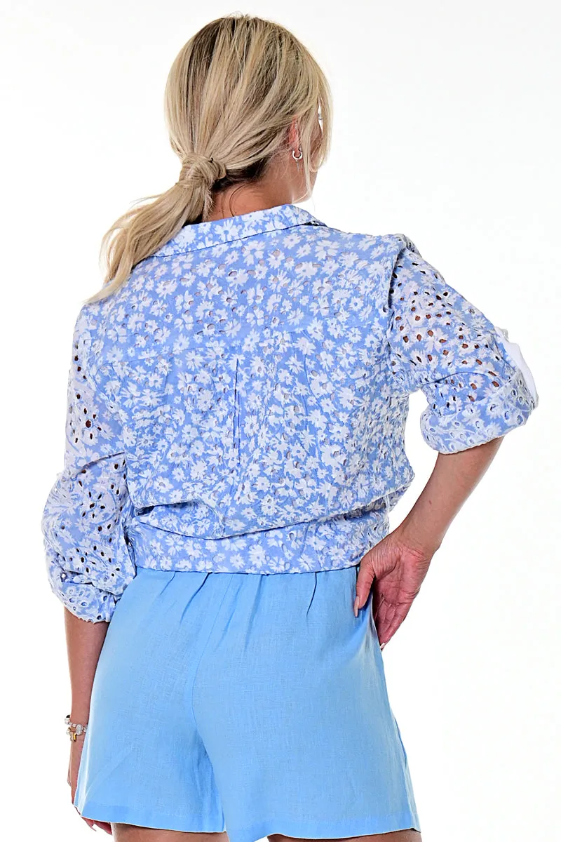 AZUCAR LADIES FRONT TIE EYELET LONG SLEEVE BLOUSE 100% COTTON - IN (4) COLORS - LCB2201