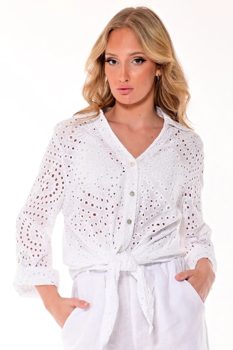AZUCAR LADIES FRONT TIE EYELET LONG SLEEVE BLOUSE 100% COTTON - IN (4) COLORS - LCB2201