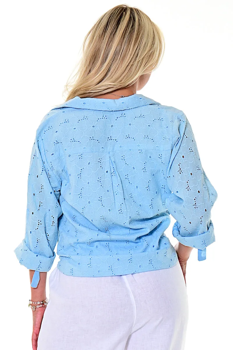 AZUCAR LADIES FRONT TIE EYELET LONG SLEEVE BLOUSE 100% COTTON - IN (4) COLORS - LCB2201
