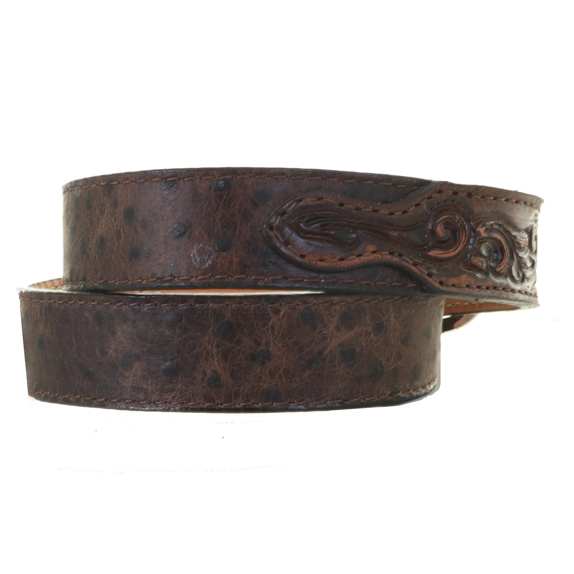B1119 - Chocolate Vintage Ostrich and Tooled Leather Belt