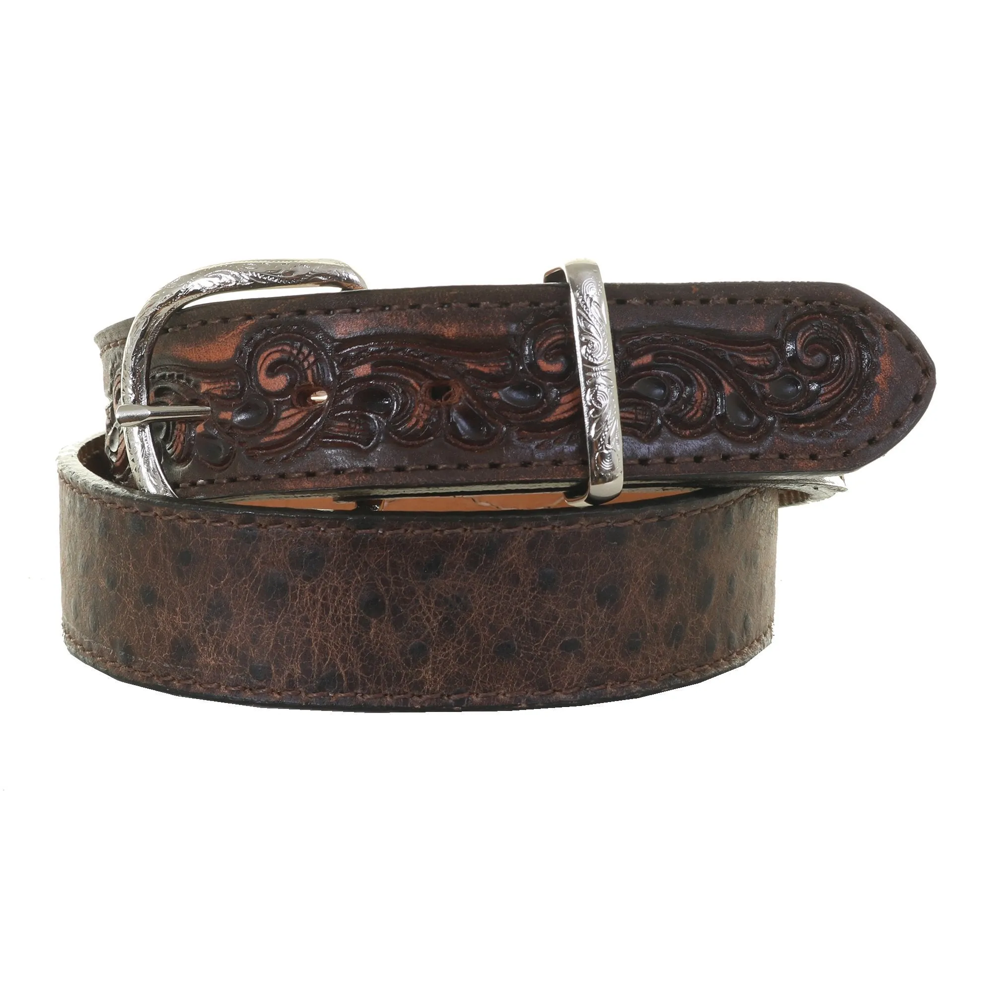 B1119 - Chocolate Vintage Ostrich and Tooled Leather Belt