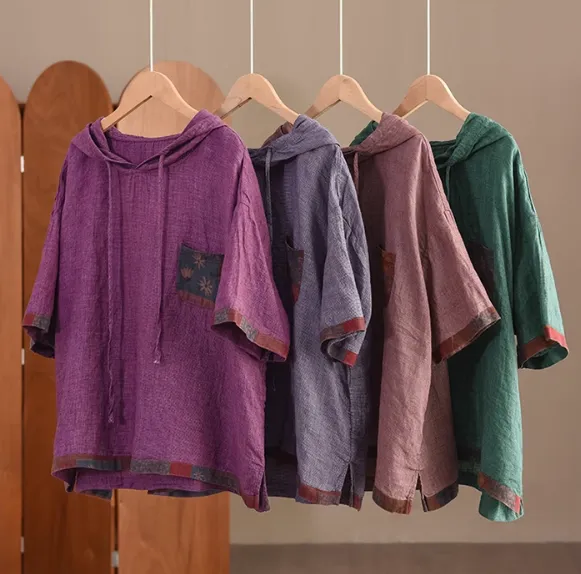 Babakud Women Vintage Linen Patchwork Hoodie