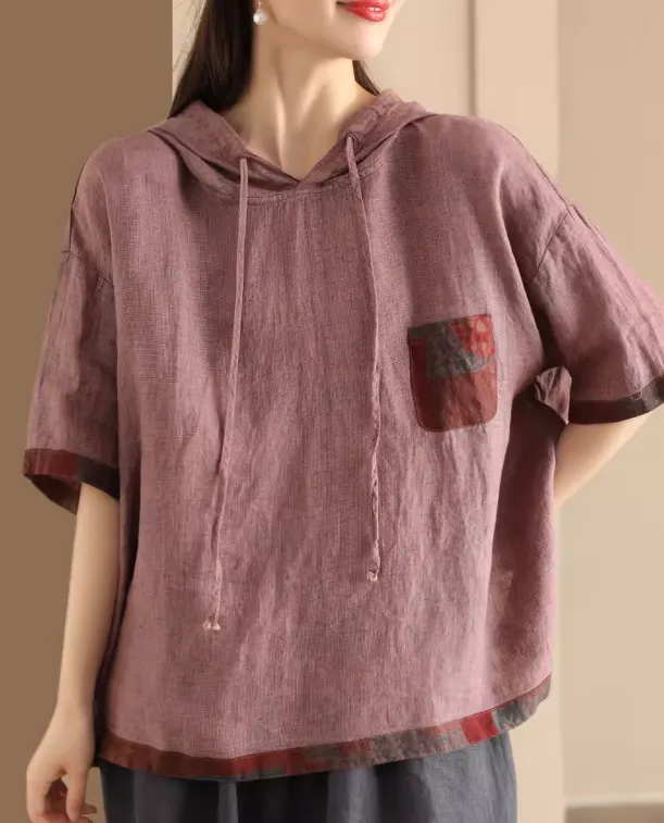 Babakud Women Vintage Linen Patchwork Hoodie