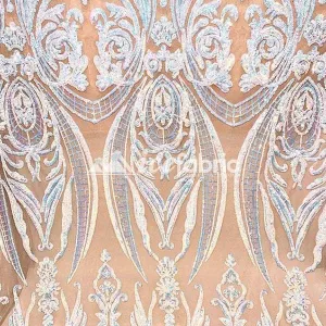 Baby Blue on Nude Geometric Sequin Fabric _ Embroidered 4 Way Stretch Mesh