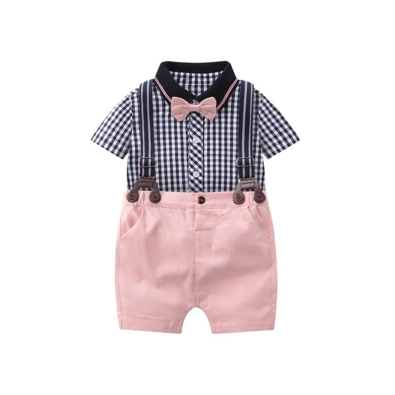 Baby Boy Plaid Short Sleeve Onesie   Suspender Pink Shorts Gentleman Suit