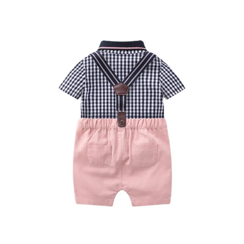 Baby Boy Plaid Short Sleeve Onesie   Suspender Pink Shorts Gentleman Suit