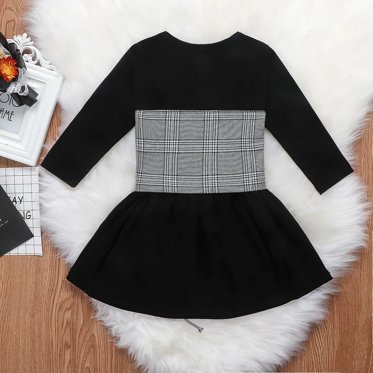 Baby Girl Letter A Line Dress Plaid Belt Vest Set