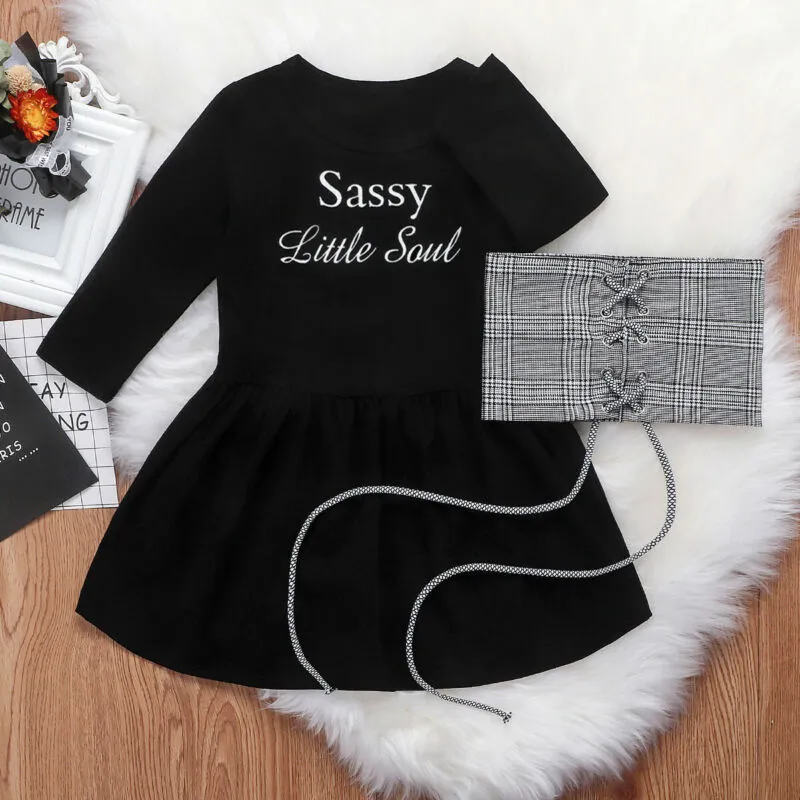 Baby Girl Letter A Line Dress Plaid Belt Vest Set