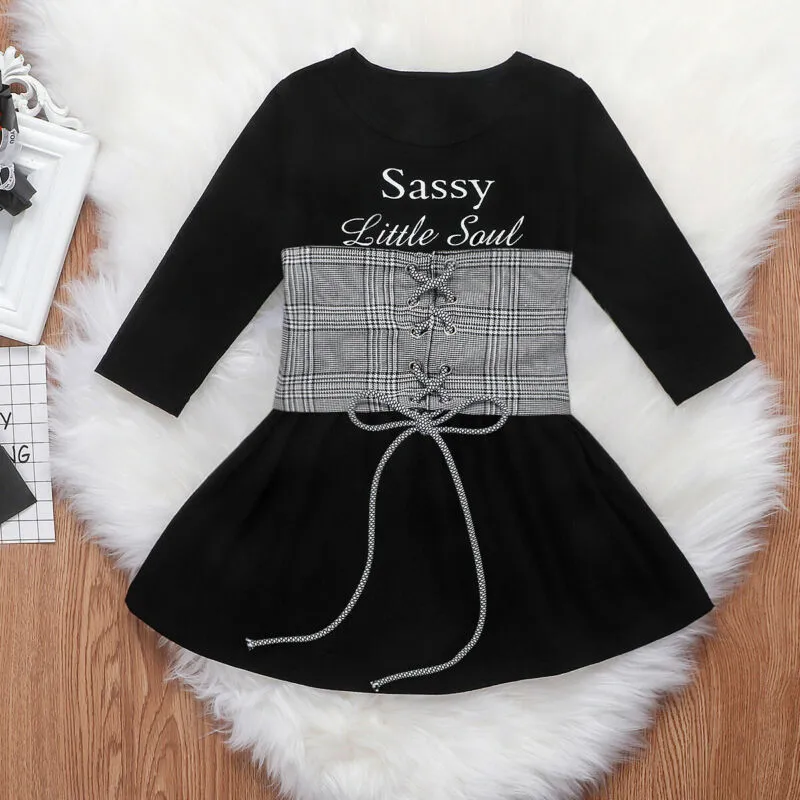 Baby Girl Letter A Line Dress Plaid Belt Vest Set