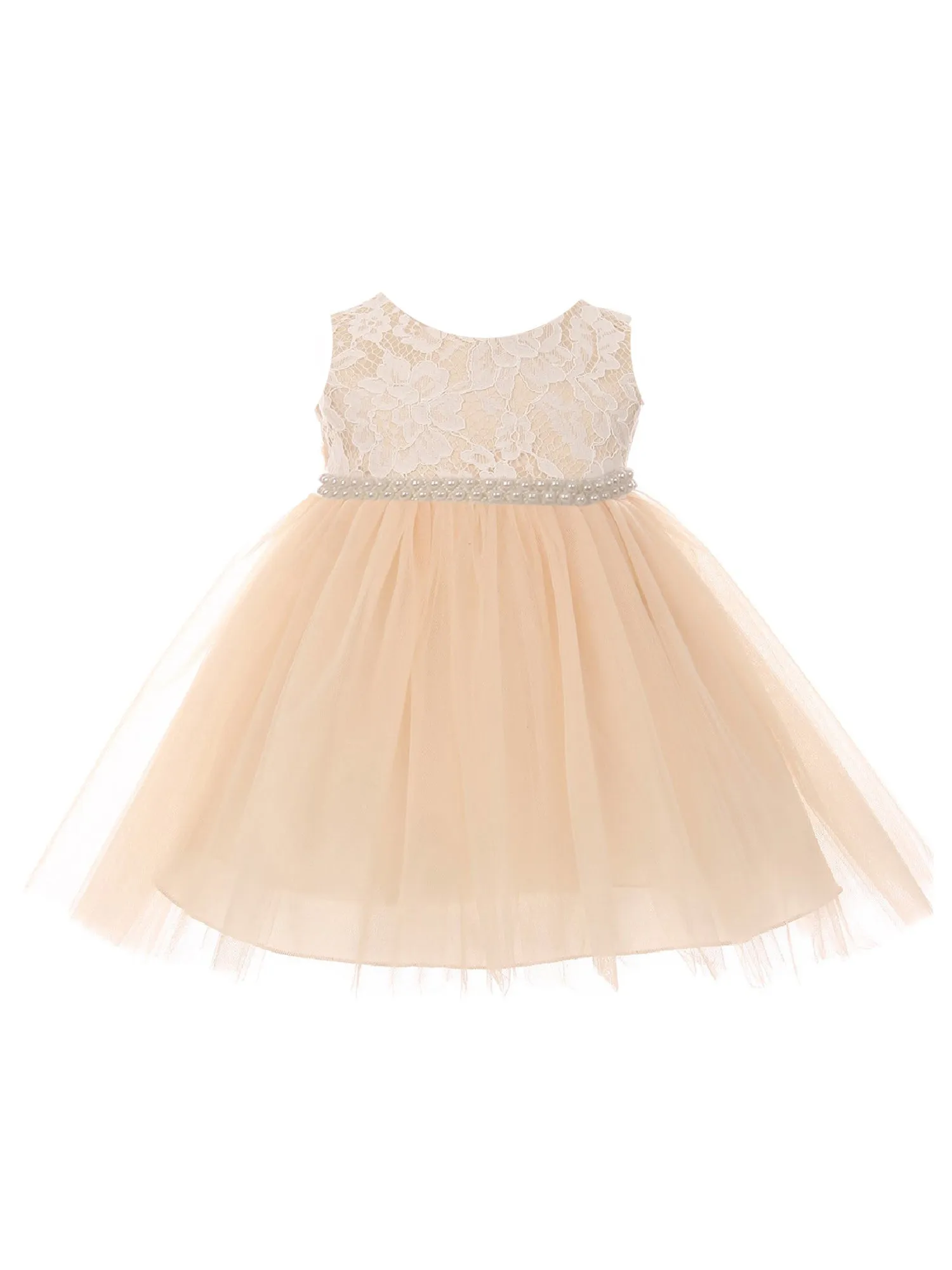 Baby Girls Champagne Lace Tulle Thick Pearl Trim Flower Girls Dress 6-24M