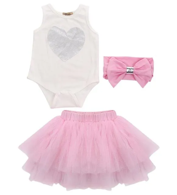 Baby Girls Clothing Set Sleeveless Heart Bodysuit Romper   Tutu Skirt   Headband 3pcs Outfit
