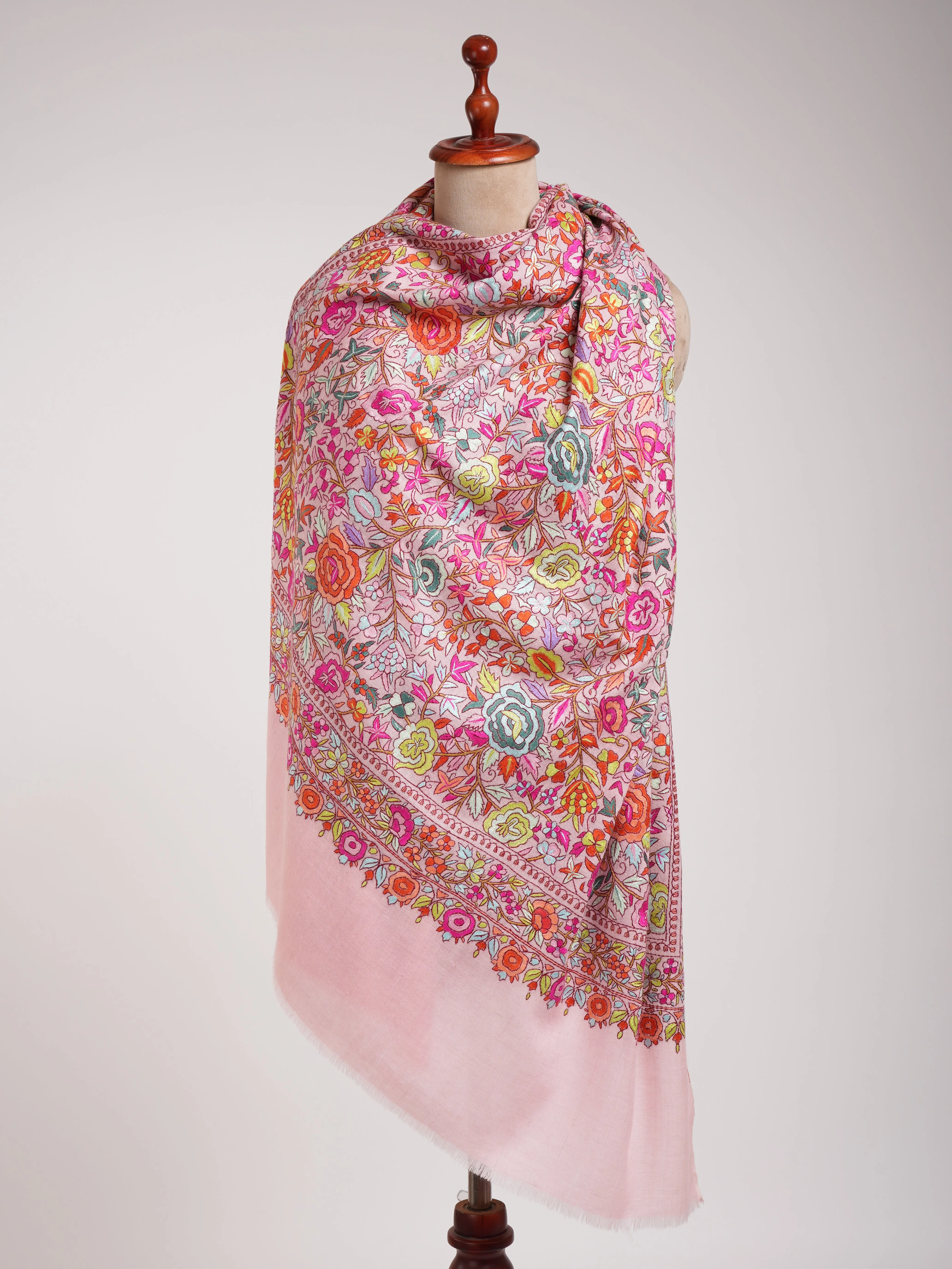 Baby Pink Paper Machie Embroidery Kashmiri Pashmina Shawl