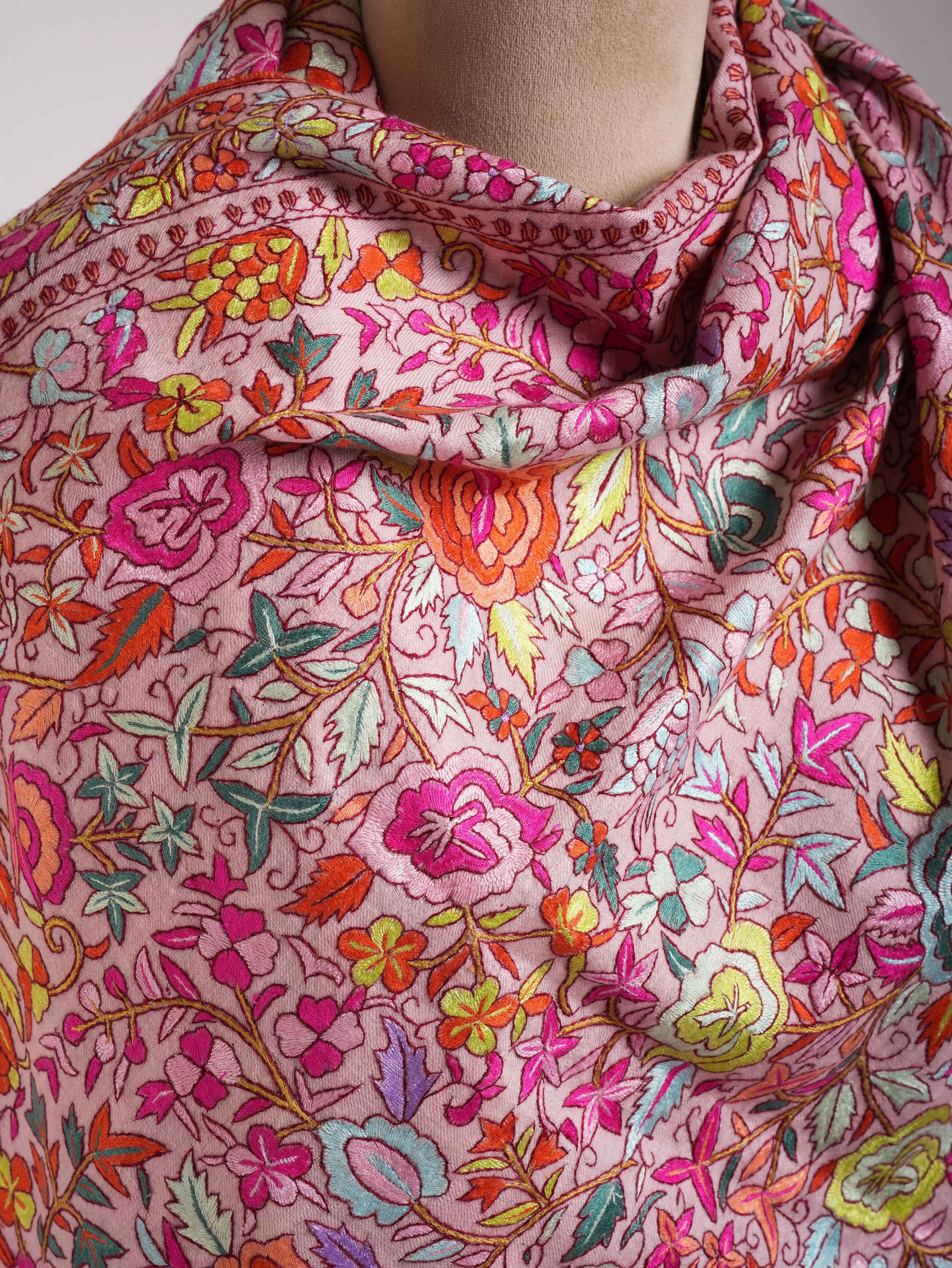 Baby Pink Paper Machie Embroidery Kashmiri Pashmina Shawl
