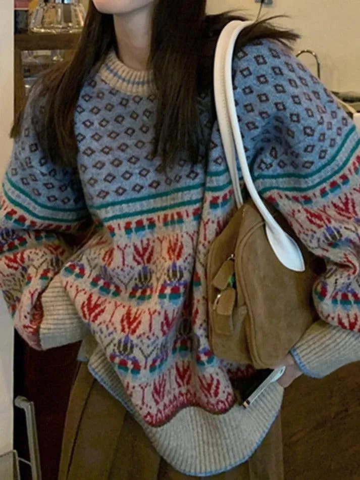 Back To School Sonicelife Vintage Jacquard Splice Knit Sweater