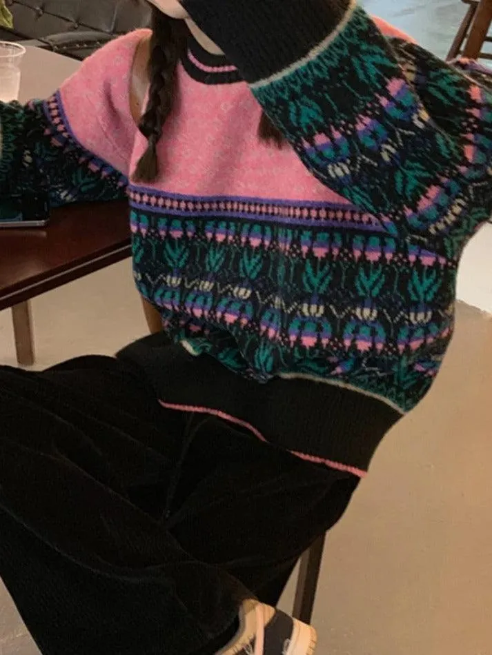 Back To School Sonicelife Vintage Jacquard Splice Knit Sweater