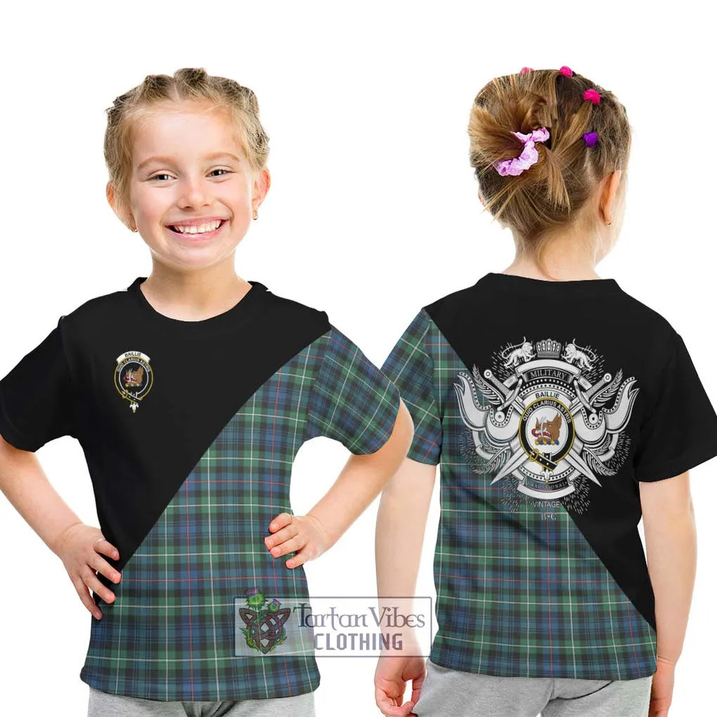 Baillie Ancient Tartan Kid T-Shirt with Family Crest and Military Logo Style