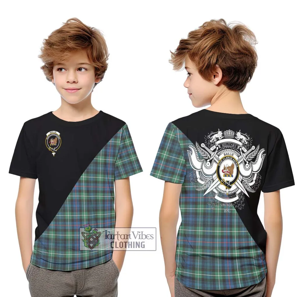 Baillie Ancient Tartan Kid T-Shirt with Family Crest and Military Logo Style