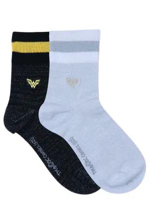 Balenzia x Justice League Wonder Woman Embroidered Stripe High Ankle Socks- Black & Silver with Golden & Silver embroidery Lurex  (Pack of 2 Pairs/1U)(Free Size)