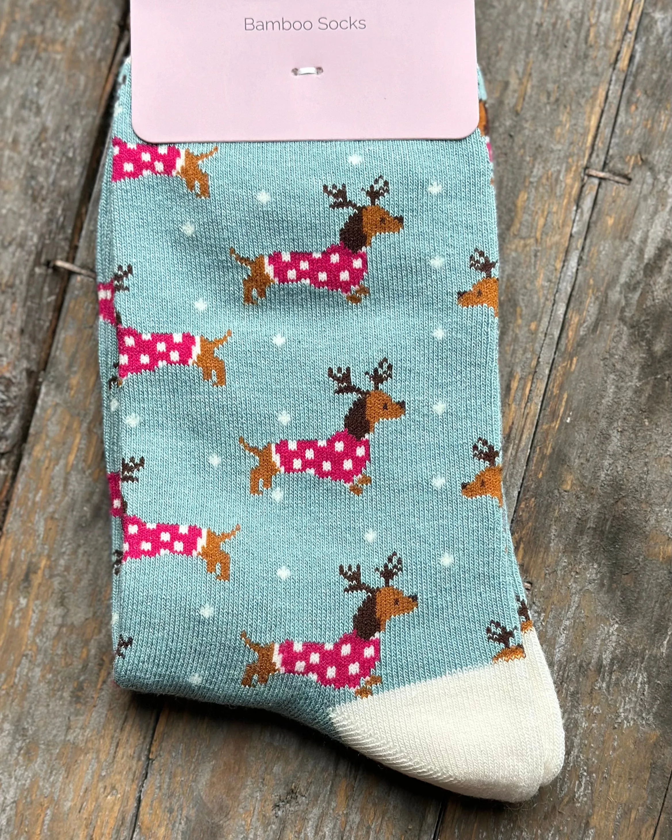 Bamboo Socks - Festive Sausage Dogs Duck Egg