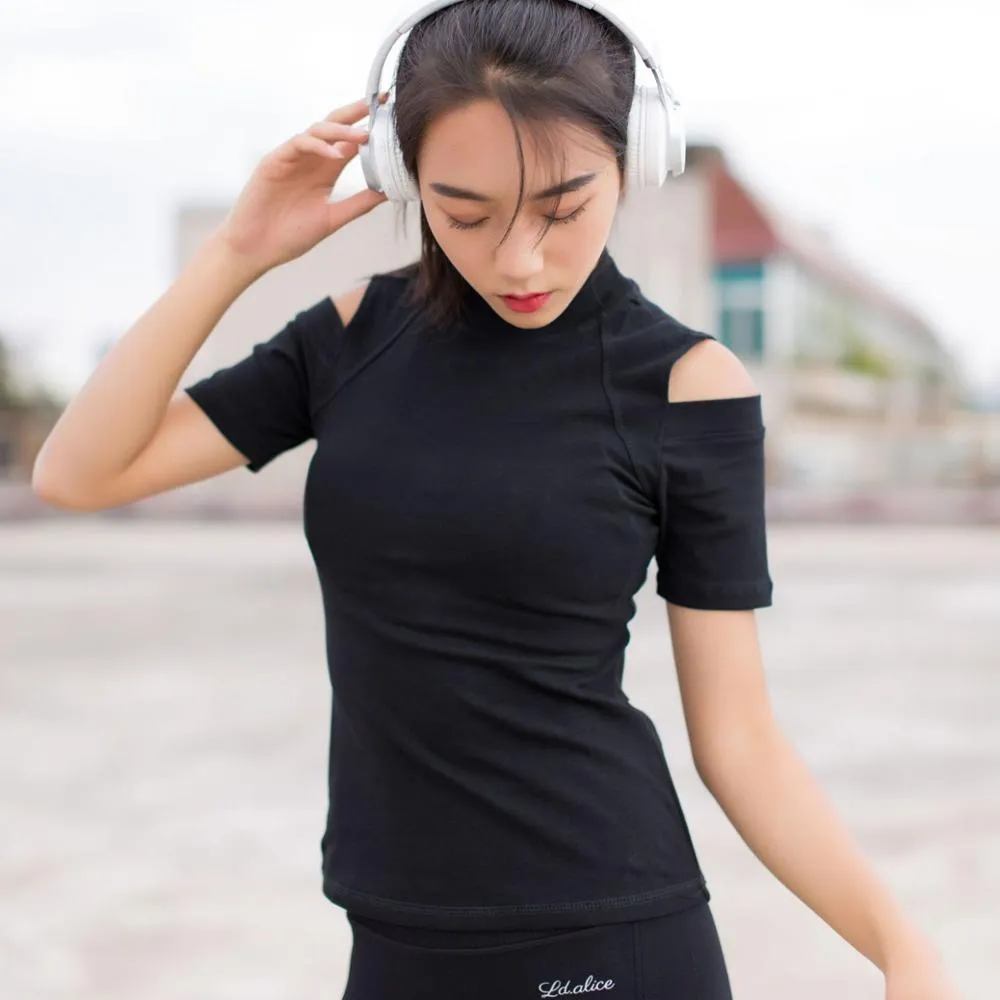 Bare Shoulder with Back Slit Short Sleeve Shirt