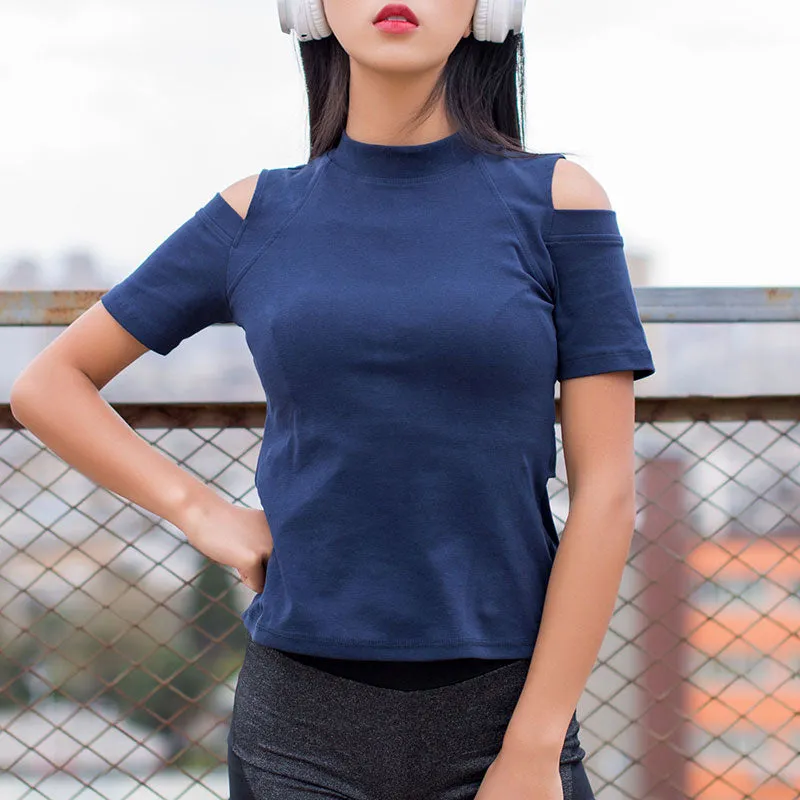 Bare Shoulder with Back Slit Short Sleeve Shirt