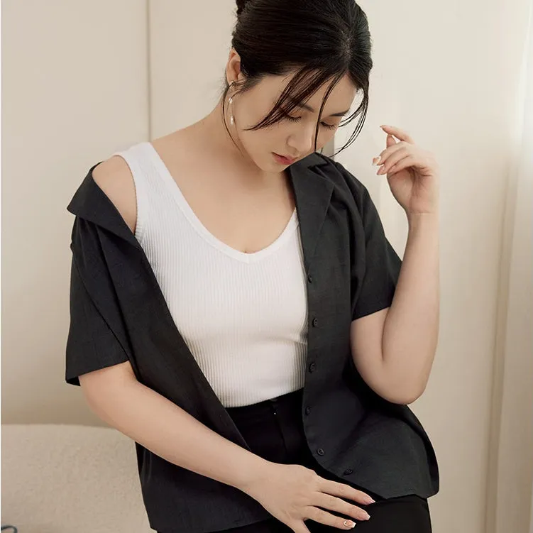 Basic Solid Plain V-Neck Ribbed Cotton Sleeveless Tank Top