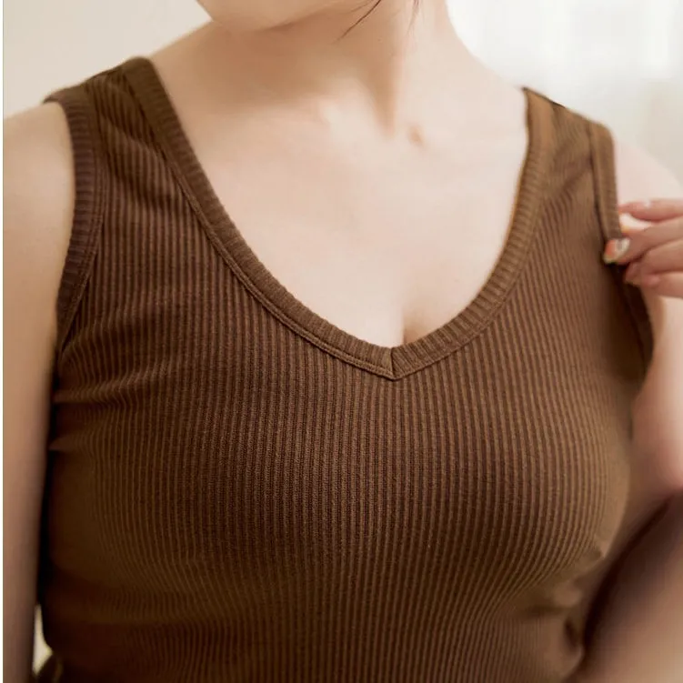 Basic Solid Plain V-Neck Ribbed Cotton Sleeveless Tank Top