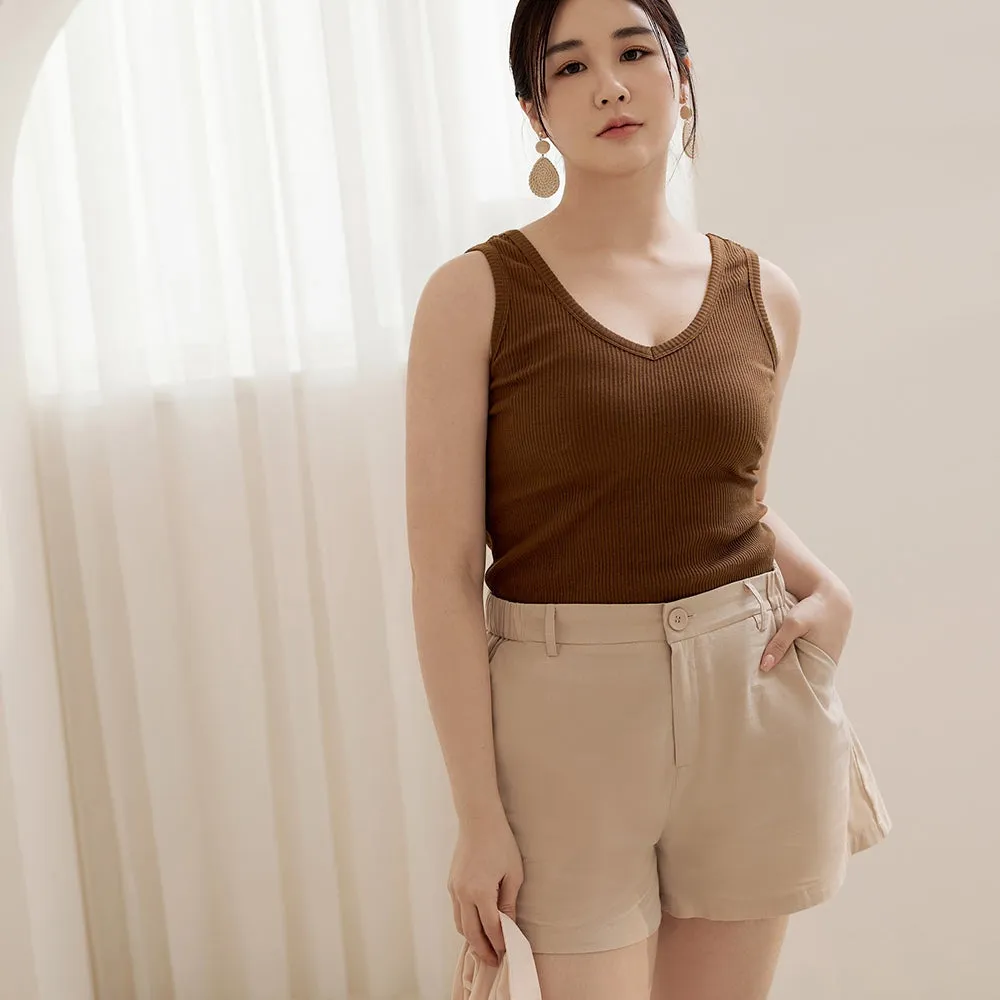 Basic Solid Plain V-Neck Ribbed Cotton Sleeveless Tank Top