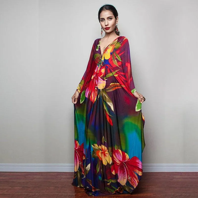 Batwing Sleeve Tunic Women Beachwear Style Kaftan Dress