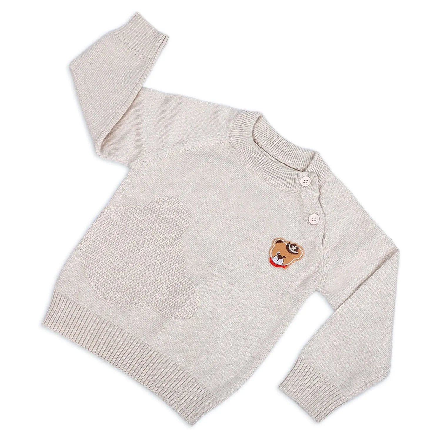 Bear Embroidery Premium Full Sleeves Knitted Sweater - White