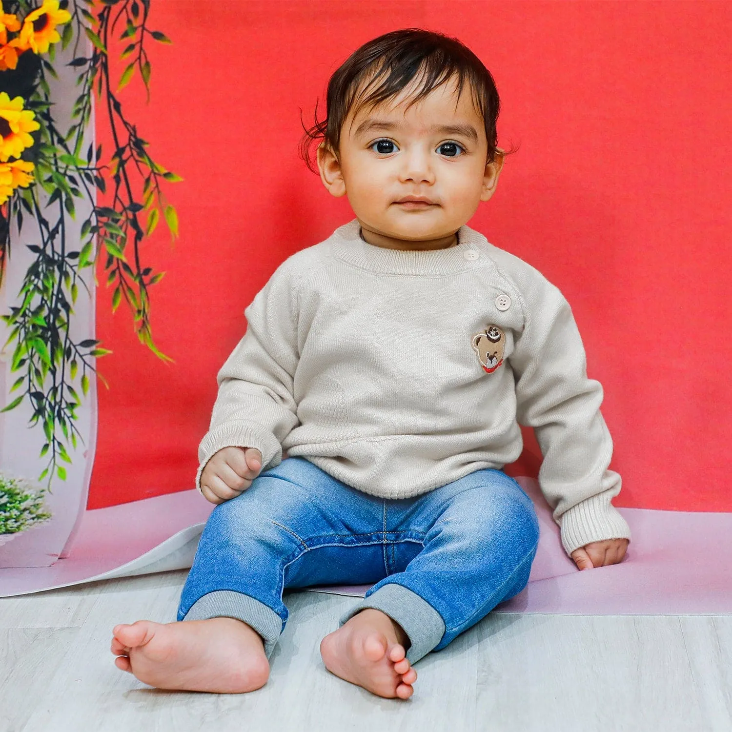 Bear Embroidery Premium Full Sleeves Knitted Sweater - White