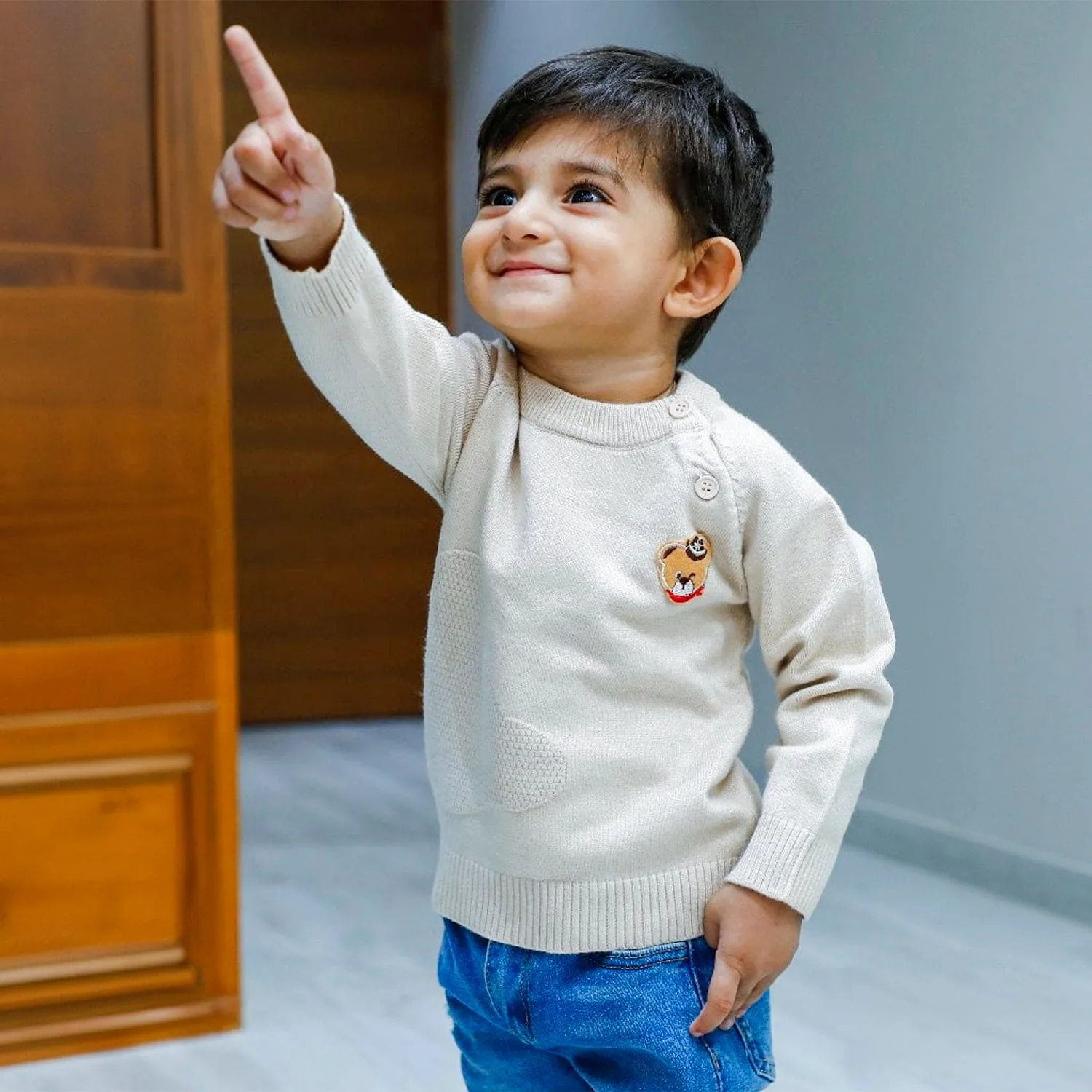Bear Embroidery Premium Full Sleeves Knitted Sweater - White