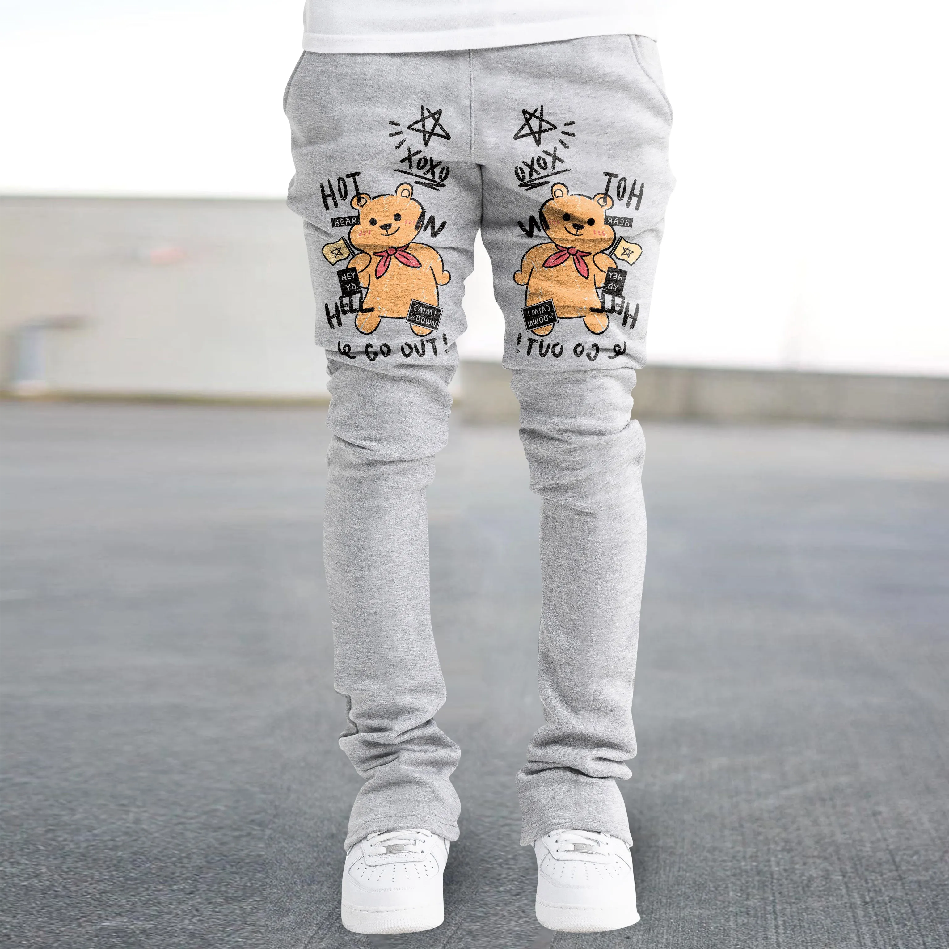 Bear print trendy street straight trousers