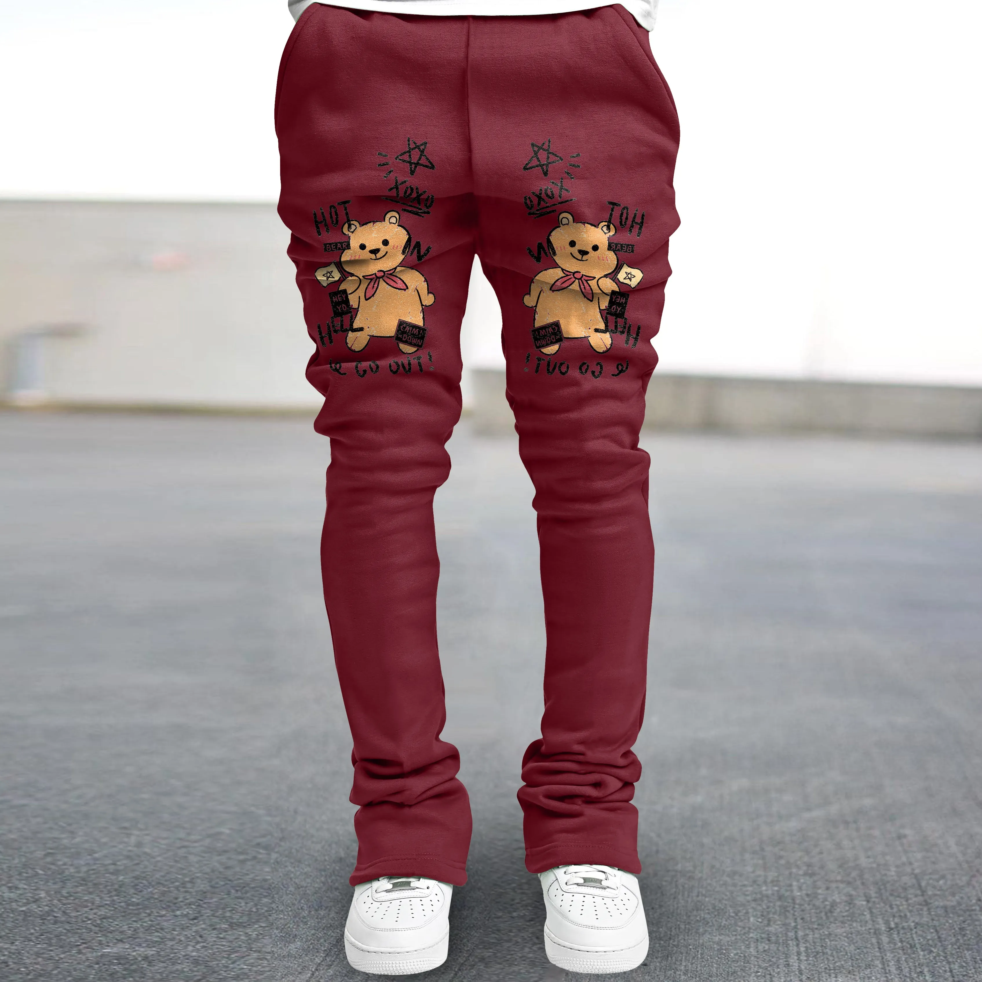 Bear print trendy street straight trousers
