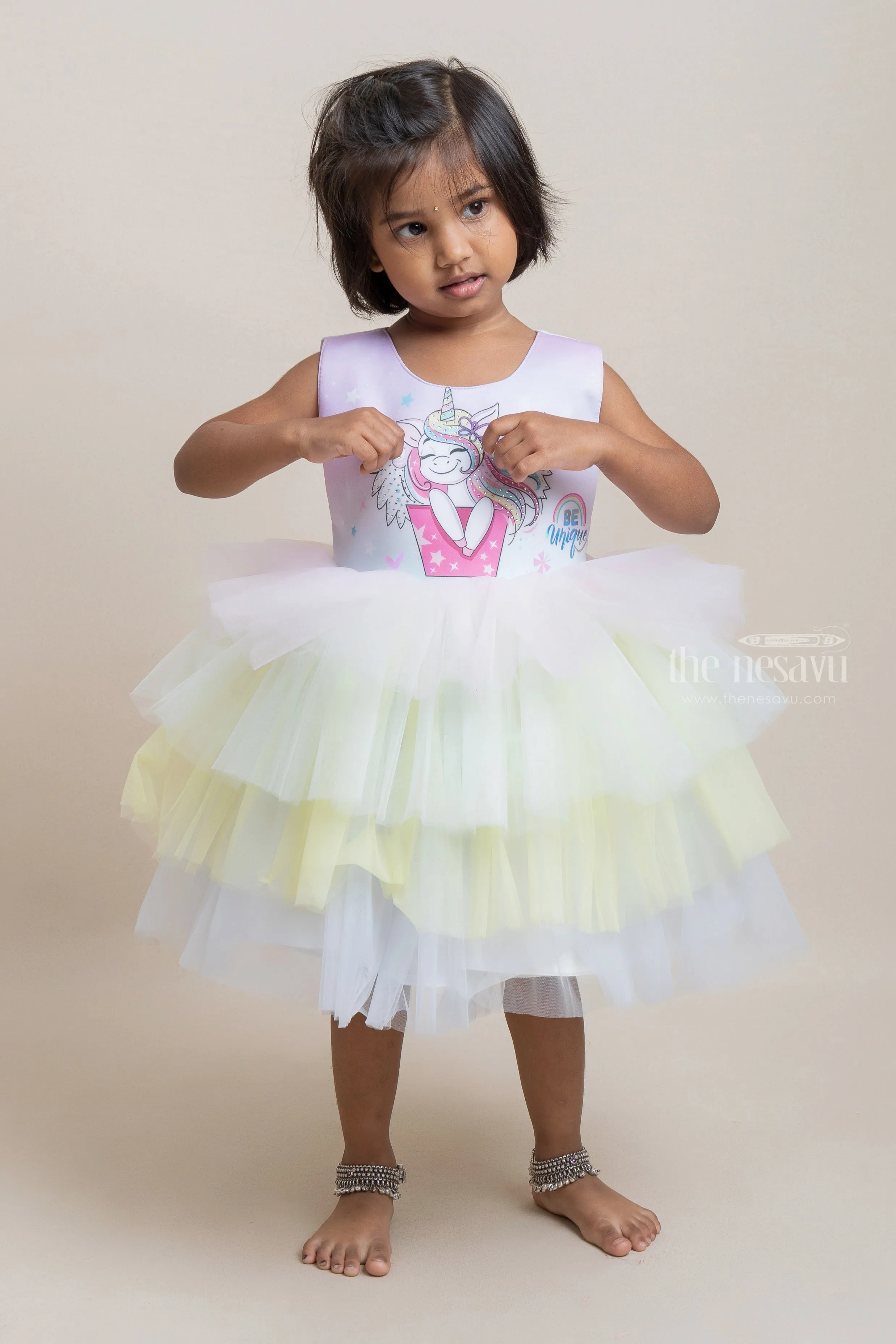 Beautiful Pink Girl Unicorn Printed Layered Party Frock For Girls