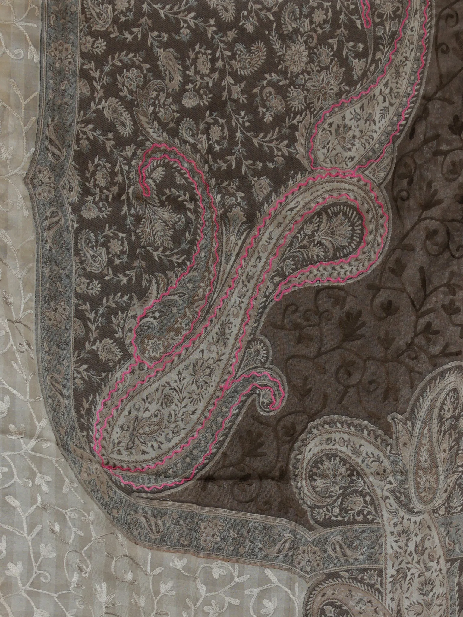 Beige Brown Jamawar Aari Embroidered Woollen Kashmiri Stole - S200586