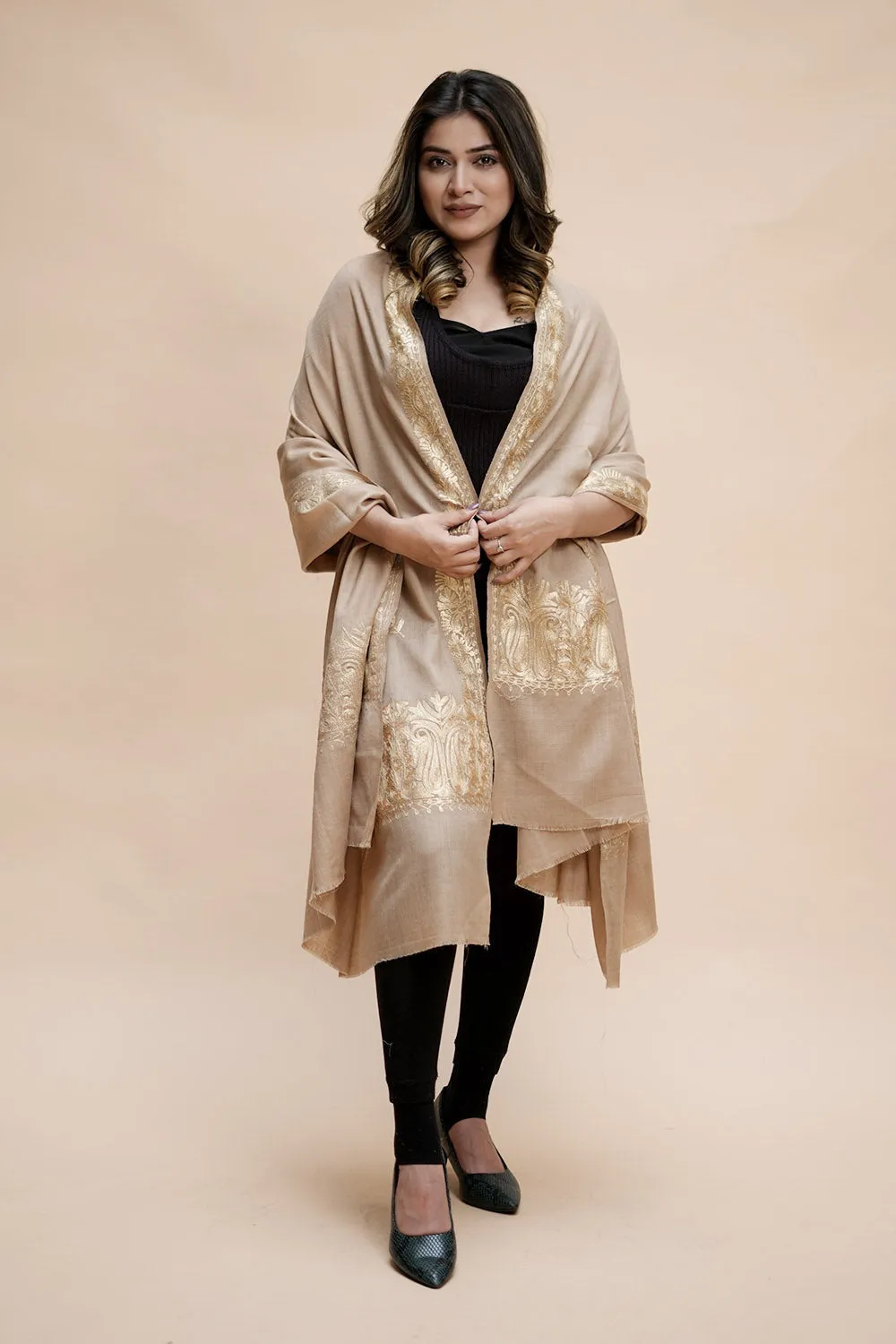 Beige Colour Semi Pashmina Shawl Enriched With Ethnic Heavy Golden Tilla Embroidery With Running border