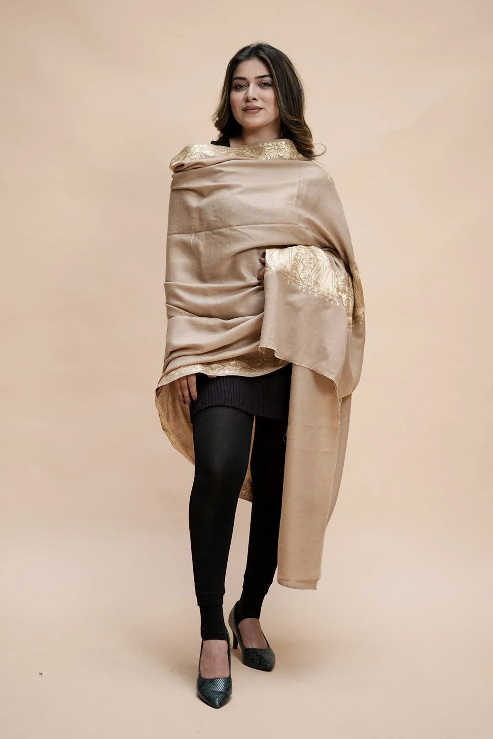 Beige Colour Semi Pashmina Shawl Enriched With Ethnic Heavy Golden Tilla Embroidery With Running border
