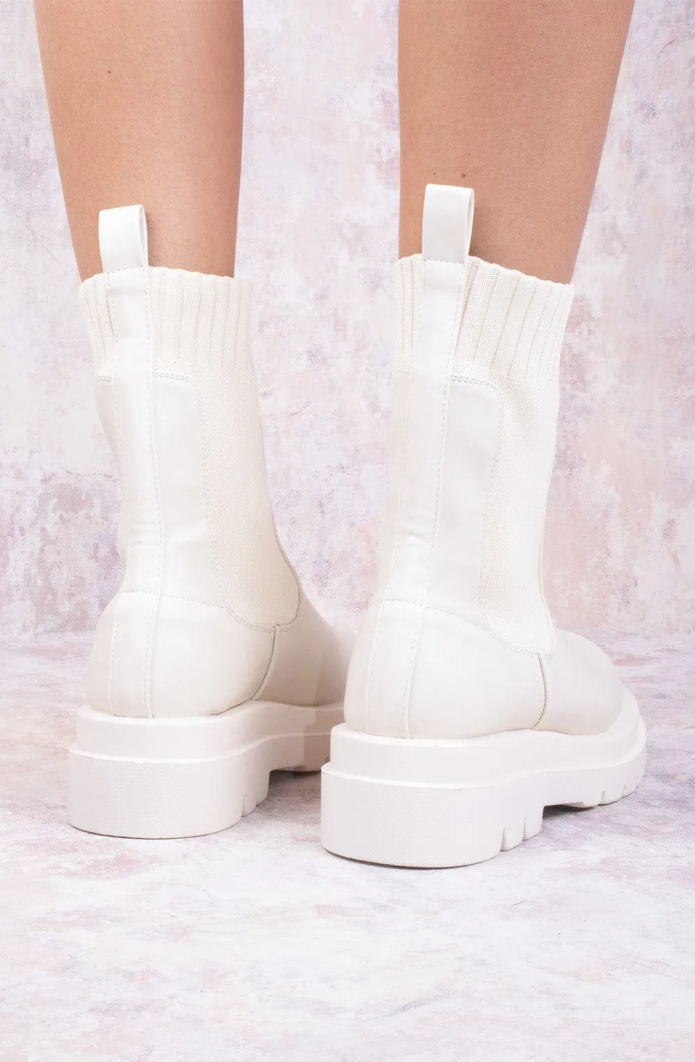 Beige Cream PU Fabric Elastic Ankle Boots with Chunky Rounded Sole