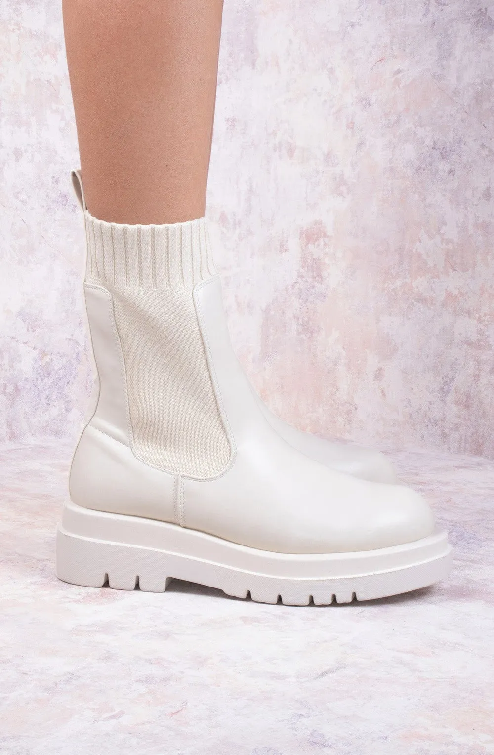 Beige Cream PU Fabric Elastic Ankle Boots with Chunky Rounded Sole