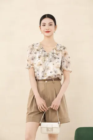 Beige Cuffed Puff Ruffles Printed T-shirt